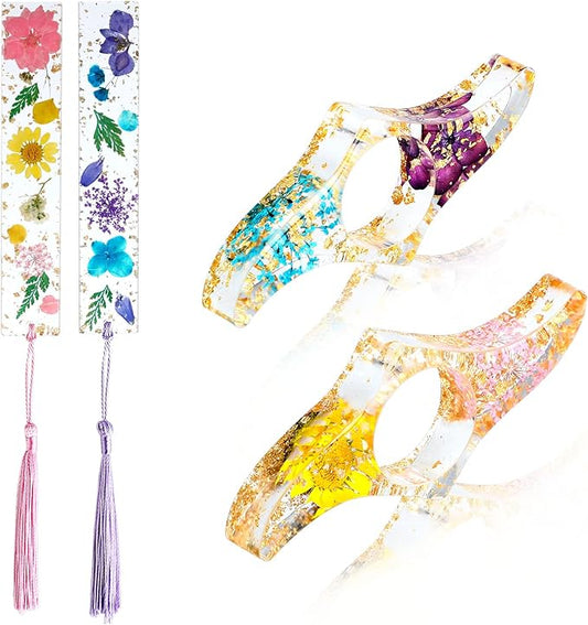 Rohuis Book Page Holder for Reading, 4Pcs Dried Flower Resin Thumb Saver and Transparent Bookmarks with Tassels, Book Accessories for Reading Lovers, Gift for Bookworm, Student, Teacher