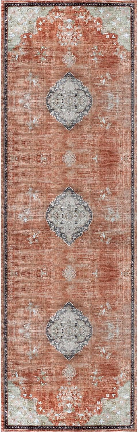 Beverly Rug Non Slip Rugs 2x7 Boho Medallion Floral Non Skid Rubber Backing Easy Silk Soft Runner Rug for Living Room Easy to Clean Non Shedding Kitchen Bedroom Indoor Carpet (2 x 7 Orange - Cream)