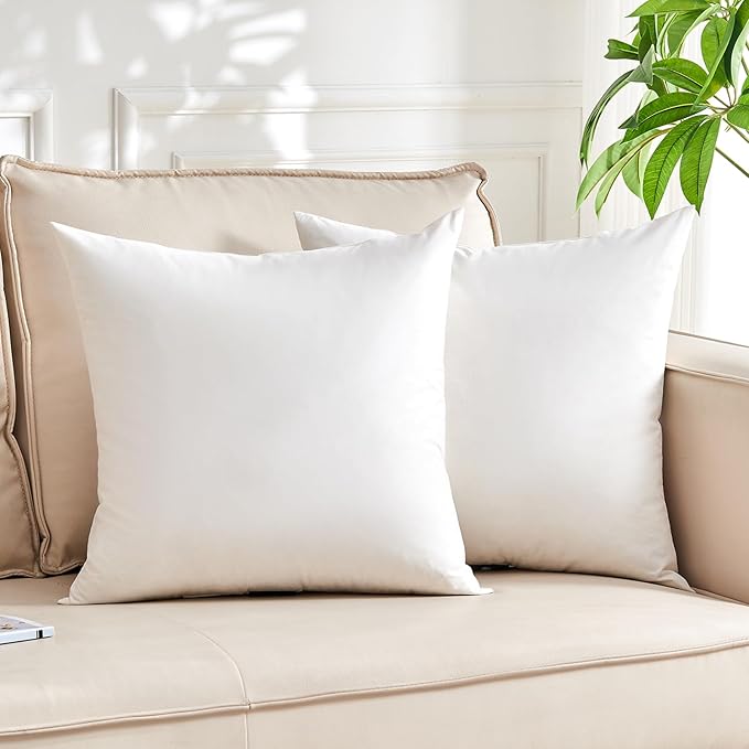KUSNUG Organic Feather Down Throw Pillow Inserts (16x16 Inch, Set of 2) - 100% Cotton Shell, Filling of Feathers & Memory Foam, Square Decorative Pillow Form Core for Couch, Sofa, and Bed