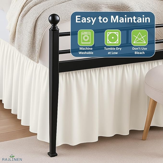 Rajlinen Ruffled Bed Skirt King, 8 Inch Drop Dust Ruffle with Split Corners, 100% Microfiber Bedskirt with Platform, Three-Sided Coverage Ruffled Gathering Design, Ivory
