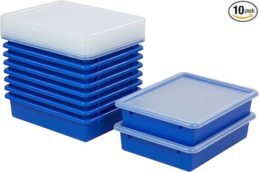 ECR4Kids Letter Size Tray with Lid, Storage Bin, Blue, 10-Piece