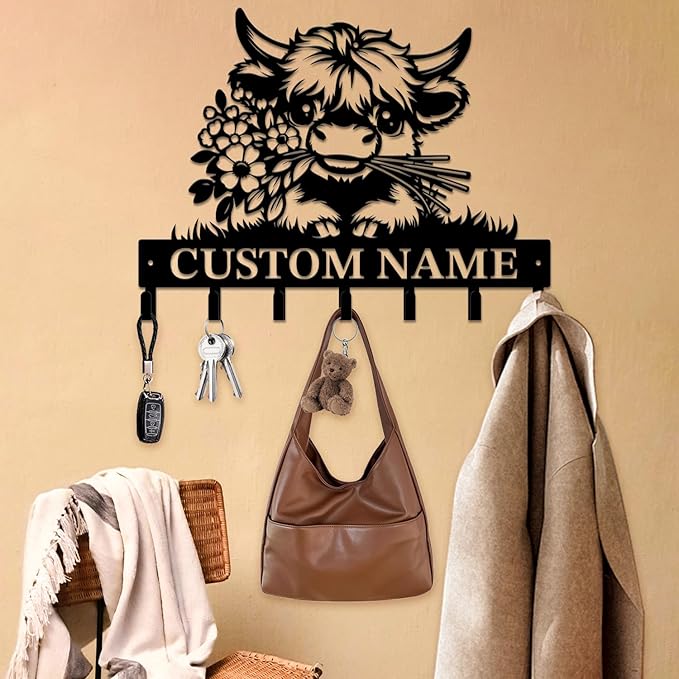 magilab Personalized Custom Highland Cow Wall Hooks,Metal Highland Cow Art Clothes Hooks,Metal Highland Cow Wall Home Storage Decorative,for Front Door, Hallway, Kitchen, Bedroom,Keys,Hats (Style I)