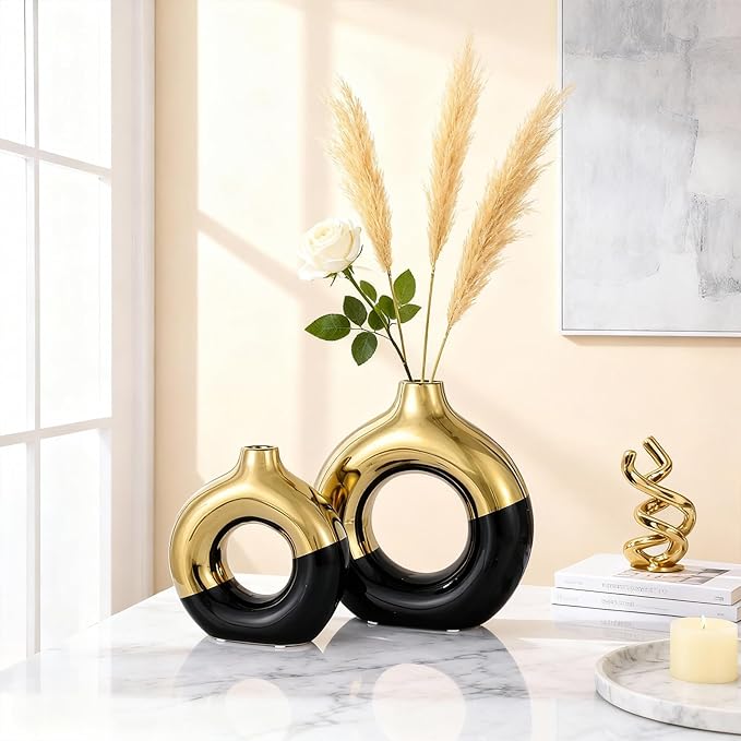 Black and Gold Vase Decor Donut Vase Set of 2 - Circle Hollow Vases, Modern Matte Ceramic Vases for Entryway Living Room Bedroom Dining Table Centerpiece Office Home Decor