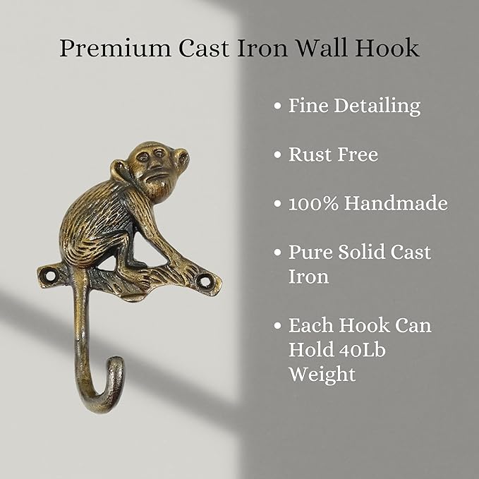 Set of 3 Cast Iron Monkey Shape Coat Hooks Wall Art Decor-Monkey Shape Hangers and Key Holder-Clothes Rack and Backpack Hanger-Coat Hooks Home Decor for Storage,Living Room (Antique Finish)