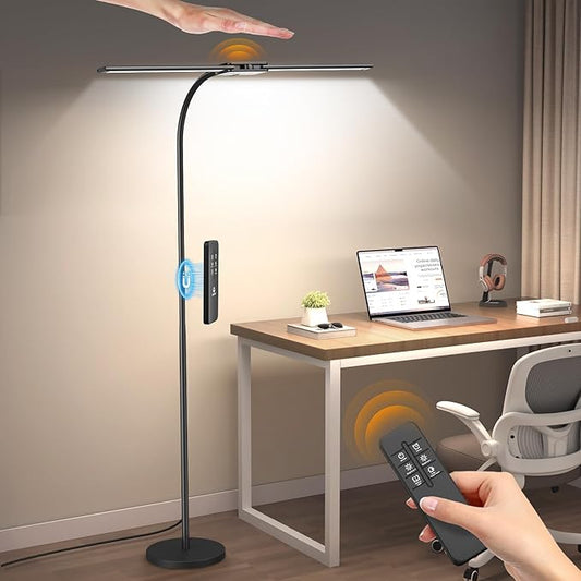 Syrinx LED Floor Lamp, Dual Head Gooseneck Floor Lamps for Living Room with Gesture Switch & Remote Control, 14W Bright Tall Standing Lamp Modern Eye-Caring Reading Floor Lamp for Bedroom Office