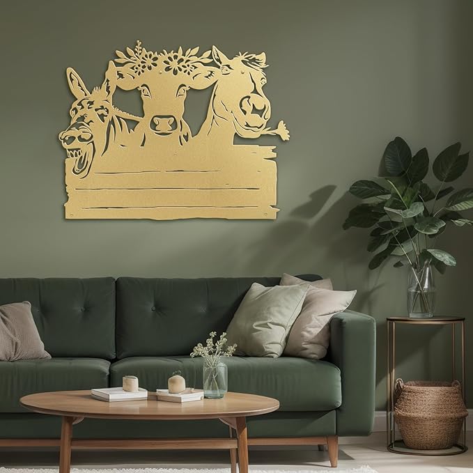 SIGNLEADER Metal Wall Art Decor Cute Cow and Horse Minimalist Modern Abstract Wall Sculpture Hangings Home Decoration for Living Room, Bedroom, Bathroom, Kitchen, Outdoor - 18" Gold