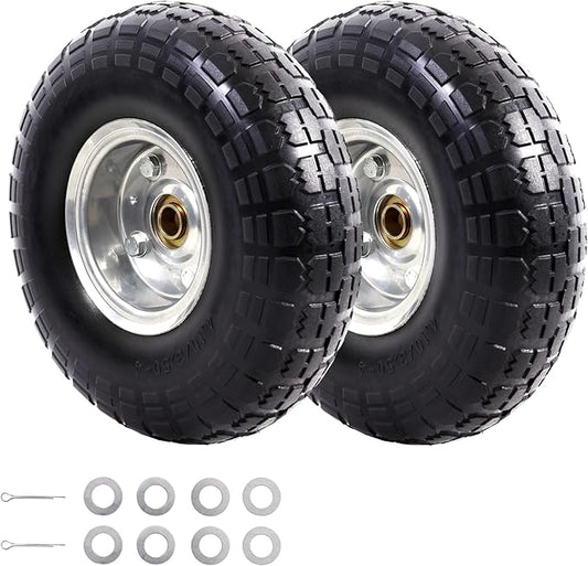 MZREXN 2-Pack 10" Flat Free Solid Tires 4.10/3.50-4 Tire and Wheel, with 5/8" Axle Bore Hole, 2"-2.2" Offset Hub, for Hand Truck, Garden Cart,Trolleys, Yard Trailers, Utility Cart, Silver