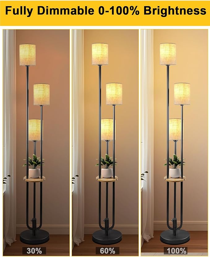 Lightdot 64Inch Floor Lamp with Table Dimmable Black Floor Lamp for Living Room 3 Lights Mid Century Modern Tall Standing Lamp with Fabric Shade for Bedroom Corner(Bulbs Included)
