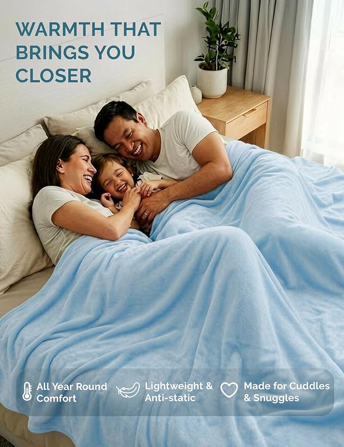 Casa Platino Fleece Blanket Queen Size – 300 GSM Light Blue Fleece Throw for Bed or Couch – Soft Cozy Warm Holiday Bed Blanket for Winter, Fuzzy Plush Elegant Gifts for Men & Women - 90x90 Inch