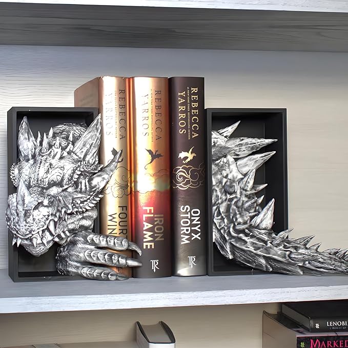 Dragon Bookshelf Decor Gothic Fantasy Bookends Black Animal Statues for Shelves Book Lovers Gifts Unique Resin Shelf Holder Set (10"*6.1"*4.9") Home Office Decorative (Antique Silver)