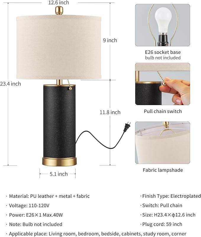 KDG 23.4" Black PU Leather Table Lamps for Living Room Set of 2, 3 Level Brightness LED Modern Home Decor Fabric Lampshade Desk Lamp Lighitng for Bedroom, Bedside, Farmhouse, Nightstand, Night Light