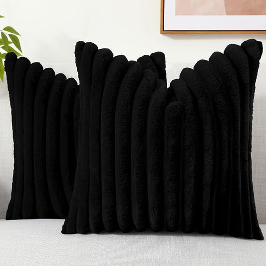 decorUhome Faux Fur Spring Throw Pillow Covers 18x18 Set of 2, Decorative Soft Plush Striped Neutral Couch Pillow Covers with Velvet Back for Sofa, Bed, Living Room Home, Black