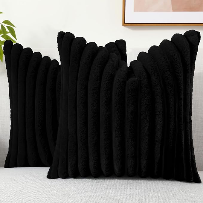 decorUhome Faux Fur Spring Throw Pillow Covers 26x26 Set of 2, Decorative Soft Plush Striped Neutral Couch Euro Sham Pillow Covers with Velvet Back for Sofa, Bed, Living Room Home, Black