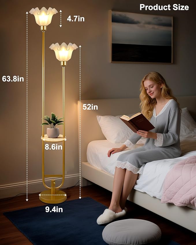 ACOHOOK Dimmable Flower Floor Lamps with Table, 2-Lights Dimmable Floral Floor Lamp, 3000K Warmwhite Candle Holder Style Modern Floor Lamp, Rustic Gold Standing Lamp for Living Room Bedroom
