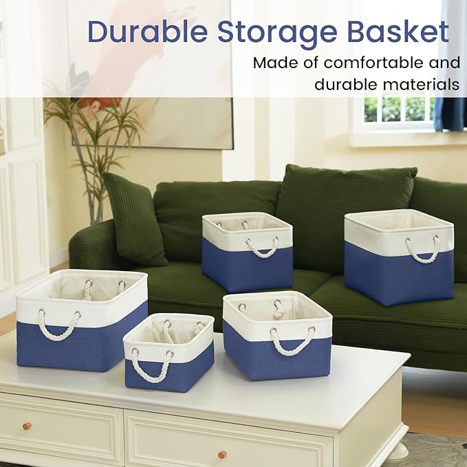 Large Storage Baskets- 15.7x11.8x8.26 inch Storage Bins for Shelves and Closet Organizing, Foldable Fabric Bin for Home Organization Clothes and Laundry (1-Pack, White&Blue)