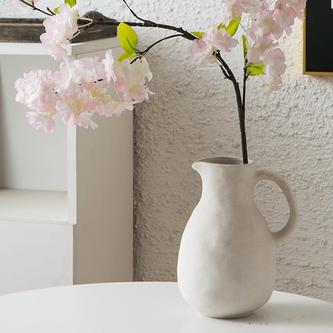 Kimdio Ceramic Vase with Handle, Modern Farmhouse Pitcher Vases for Home Decor, Rustic Pottery Vase, Decorative Clay Flower Vase, Centerpieces for Living Room