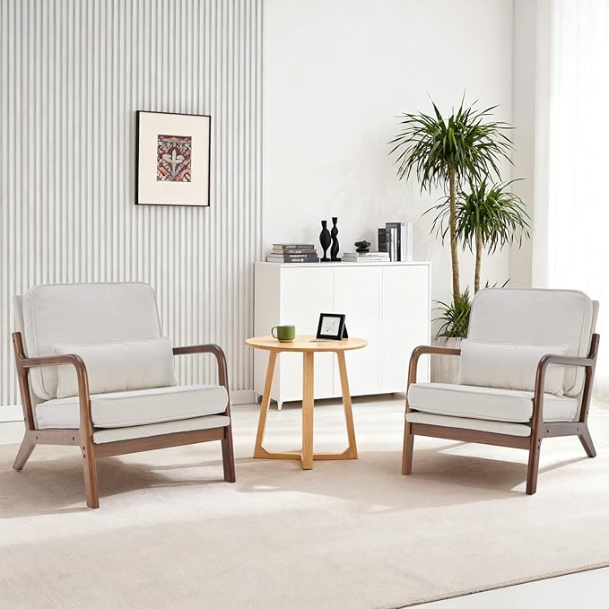 DUMOS Accent Chair,Mid Century Modern Chair with Arms and Waist Cushion, Reading Chairs for Adults, Lounge Chair for Living Room and Bedroom, Solid Wooden Frame,Off-White