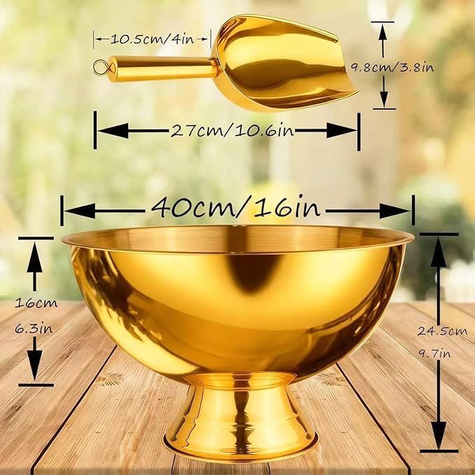 Large Ice Bucket 13L Stainless Steel Champagne Bowl Ice Bucket with Ice Scoop Semicircle Drink Tub with Integrated Base Silver Beverage Tub for Parties, Cocktail Bar, Chilling Wine (1 Pack-Gold)