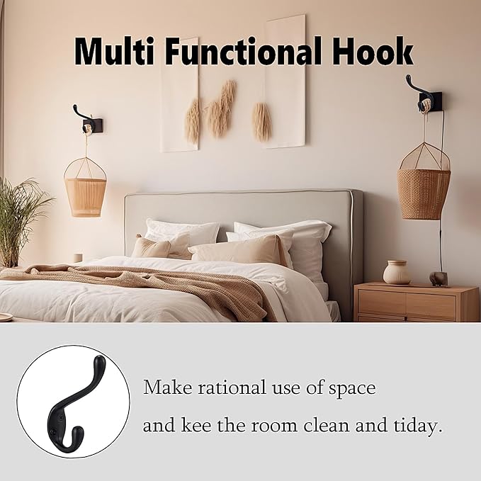 Coat Hooks 10 Pack - Heavy Duty Wall Mounted Matte Black Double Hooks for Hanging Clothes/Towels - Sturdiness Design with Better Mounting System