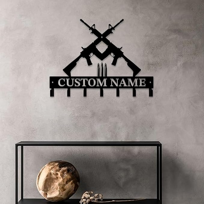 Personalized Custom Name Gun Wall Hooks,Metal Gun Room Art Clothes Hooks,Metal Gun Wall Home Storage Decorative,For Front Door, Hallway, Kitchen, Bedroom,Keys,Hats (Style J)