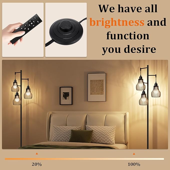 Ziisee Dimmable Floor Lamps for Living Room, Farmhouse Tree Standing Tall Lamp with Remote Control 3 Elegant Cage Shade LED Bulbs for Bedroom Office - Black
