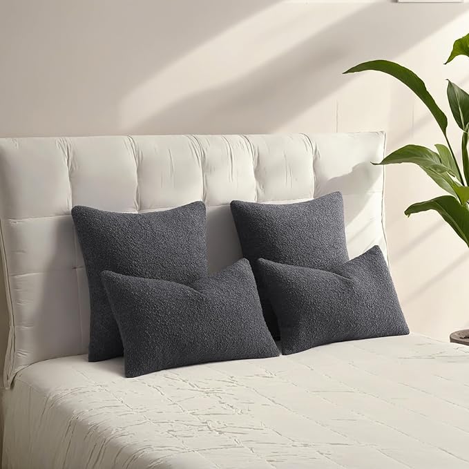 HAUSSY Set of 2 12x20 Decorative Throw Pillow Covers, Soft Cozy Textured Boucle Lumbar Pillow Cases, Home Decor for Couch Bed Living Room, Dark Grey