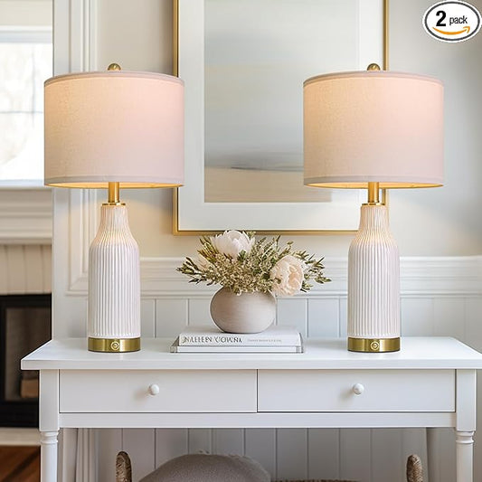 24.5" Modern 3-Way Dimmable Touch Control with USB A+C Ceramic Lamps Set of 2 Table Lamp for Living Room Bedroom Farmhouse Nightstand Bedside White
