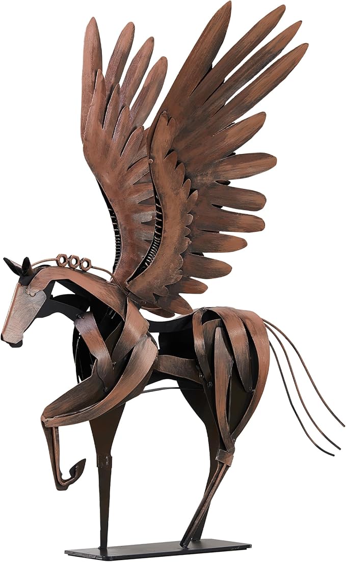 Horse Statue Décor Artwork, 24" H Handmade Metal Pegasus Greek Flying Horse Sculpture, Hand-Painted Animal Figurines for Home Living Room Office (Vintage Brown with Wings)