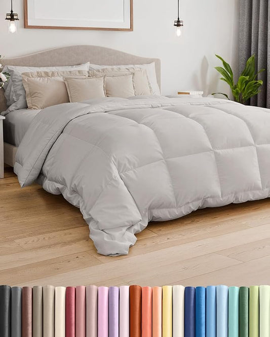 Cal King Size, Light Gray Alternative Down Comforter - Warm, Lightweight, Luxury, & Breathable Hotel Quality Bedding Set - All Season Fluffy & Cozy Oversized Cooling Microfiber Duvet Insert Comforter