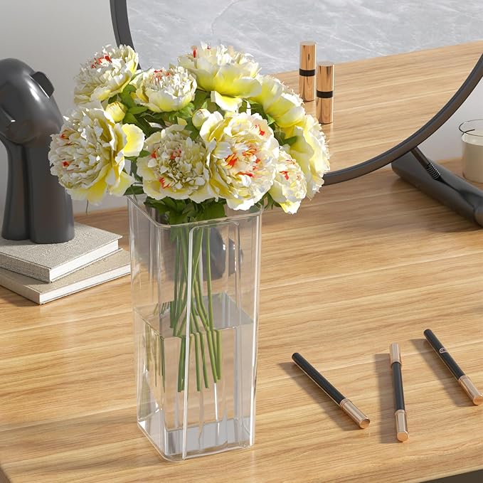 Teyyvn 6 Pack Acrylic Flower Vases for Centerpieces, 9 Inch Clear Plastic Square Vases for Flowers, Home Table Wedding Décor