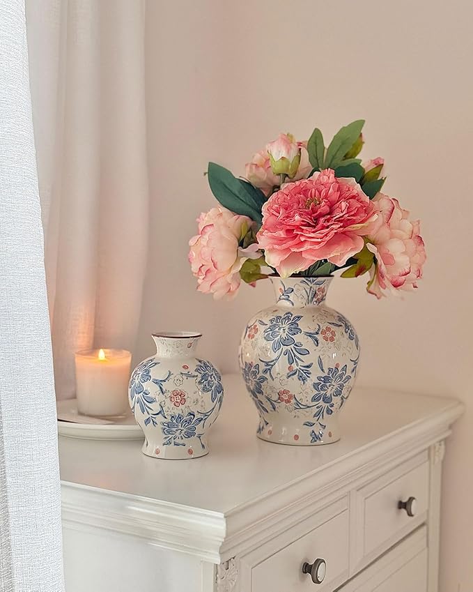Vintage Blue and White Ceramic Vase, Classic Decorative Porcelain Flower Vase for Centerpiece Living Room Table Shelf, Chinoiserie Country Decor