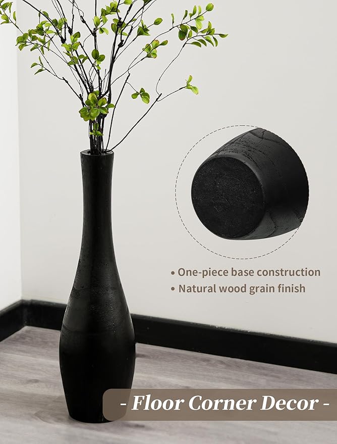 Hanobe Black Tall Floor Vase: 22 Inch Wooden Modern Decorative Vases for Living Room Bedroom Hallway Minimalist Large Standing Vase for Corner Fireplace Nook Decor