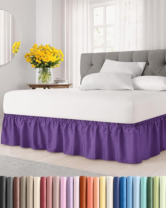 Wrap Around Dust Ruffle Bed Skirt - Purple - for Queen Size Beds with 24 Inch Drop - Easy Fit Elastic Strap - Adjustable Pleated Bedskirt w/Brushed Fabric Wrinkle Free - for Women, Men, Kids & Teens