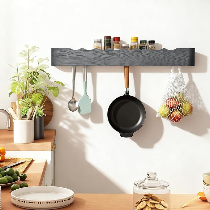 Wall Coat Rack Floating Shelves Modern Coat Rack Wall Mount with Storage Entryway Shelf Wooden Hanger 20 Inch 4 Hidden Metal Hooks for Living Room Bedroom (Wavy Black, 8 Hooks)