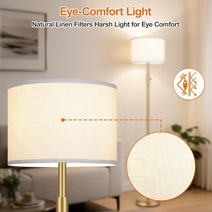 Yemela 【Upgraded】 Dimmable Gold Floor Lamps for Living Room, 11W LED Bulb Included, Modern Standing Lamp with White Lamp Shade, Tall Pole Light for Bedroom Reading Office Corner Nursery