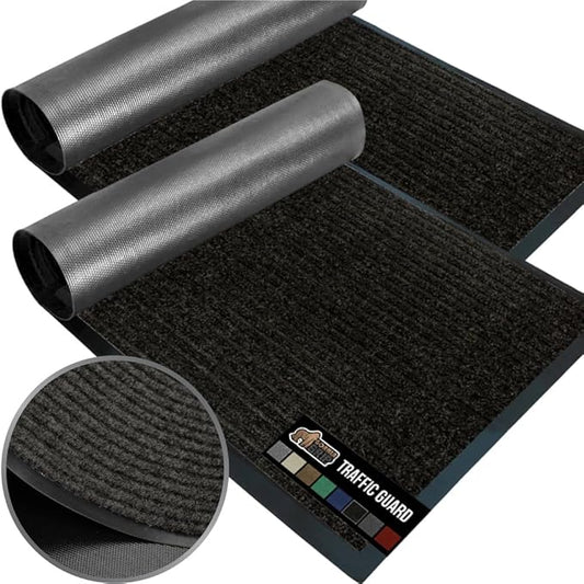 GORILLA GRIP Waterproof Traffic Guard Door Mat, 2 Pack Heavy Duty Entryway Mats, Strong Backing Commercial Utility Rugs for Office Hallway, Garage Floor and Home, Low Profile Carpet, 35x23, Black