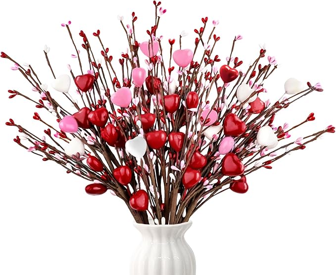 Yunfan 6Pcs Valentines Day Decorations Valentines Decor Red Pink White Heart Shaped Berry Picks Artificial Flowers for Valentines Day Gifts Wedding Home Decor 17in