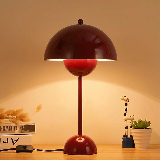 COSYLUX Modern Small Table Lamp for Bedroom, Cute Dome Shade Reflecting Light Reading Lamp for Living Room, Kid's Room, Study, Office, Beside Bedside Nightstand Desk Lamp(Dark Red/Burgundy)