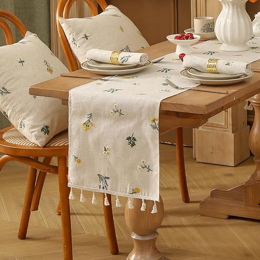 Linen Table Runner with TasselsSet of 1 Runner and 2 Placemats Boho Daisy Embroidered 12x72 Inches Flax Beige for Farmhouse Dining Table Buffet Nightstand Decor Home and Commercial Use