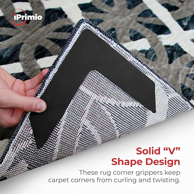 iPrimio Rug Gripper - Pack of 8 Secure Rug Corner Grippers for Indoor and Outdoor Use - Helps Prevent Curling and Slipping - Ideal Carpet Corners to Keep from Curling - 7.5 x 7.5 Inches