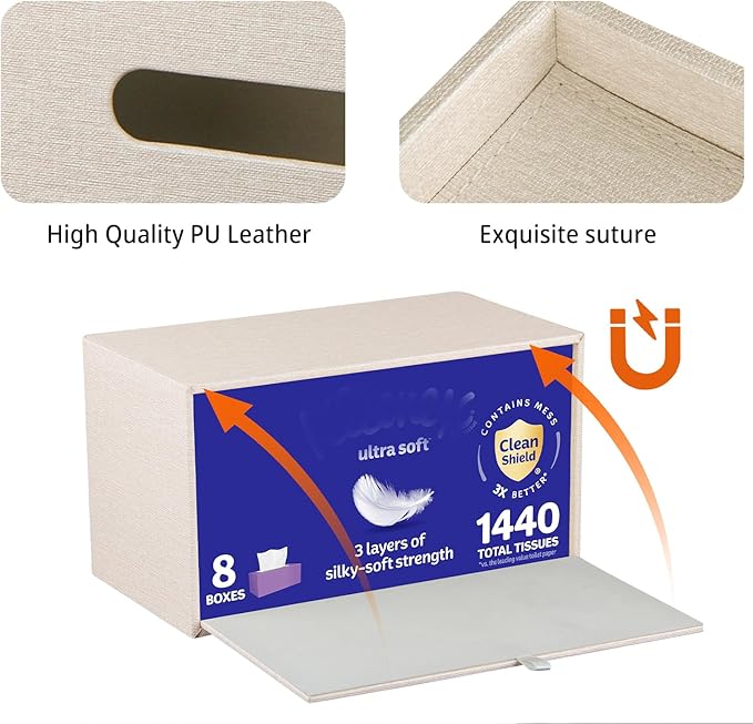 YAPISHI Large Tissue Box Cover Rectangle with Tray Storage, PU Leather Facial Tissue Holder, Fits 230-Count Family Size Kleenex, Modern Nightstand Organizer for Bathroom Office Home Decor