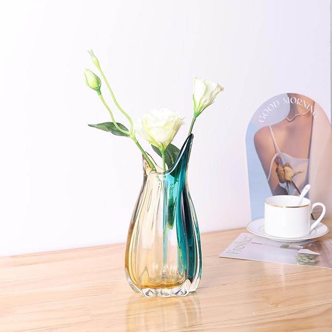 Hand Blown Glass Vase, Medium Wide Mouth Flower Vase Unique Modern Turquoise Glass Art Decor, Nonbreakable Vases for Table Centerpieces Living Room Decorative Amber and Teal Vase
