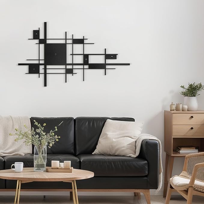 SIGNLEADER Metal Wall Decor Mondrian Geometric Minimalist Modern Luxury Wall Sculpture Hangings 3D Statue Home Decoration for Living Room, Bedroom, Bathroom, Kitchen, Fireplace, Office - 24" Black