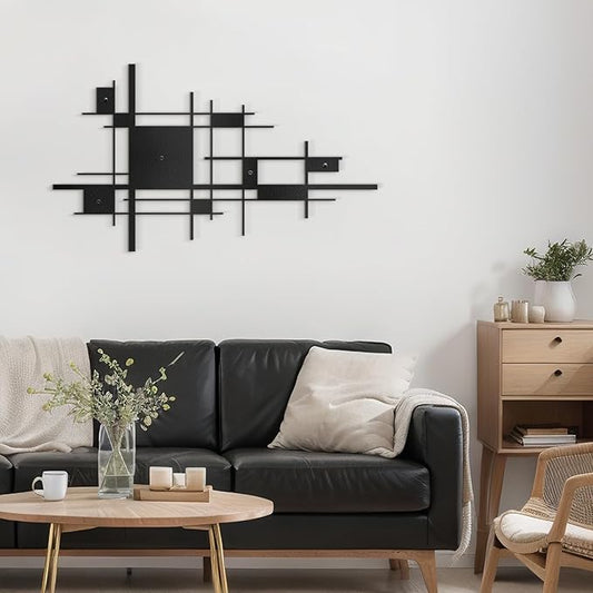 SIGNLEADER Metal Wall Decor Mondrian Geometric Minimalist Modern Luxury Wall Sculpture Hangings 3D Statue Home Decoration for Living Room, Bedroom, Bathroom, Kitchen, Fireplace, Office - 24" Black
