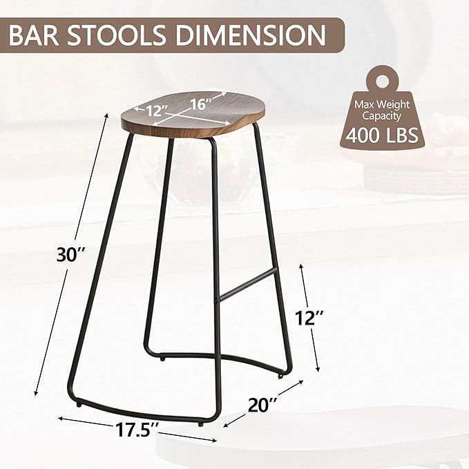 HeuGah Bar Stools Set of 2, 30 Inch Counter Height Bar Stools, Brown Saddle Seat Barstool for Kitchen Island, Industrial Wood Bar Height Stool with Metal Leg (Brown, 2 PCS 30Inch Barstool)
