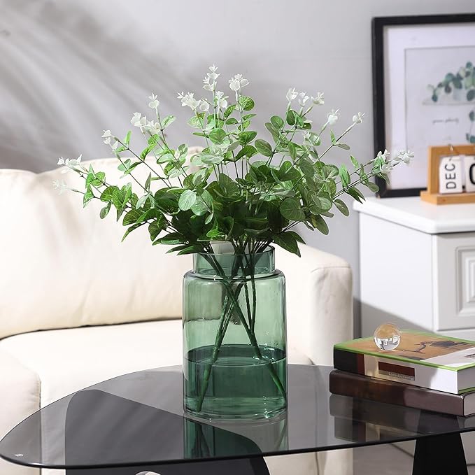 Large Glass Vase, 9 Inch Green Glass Vase, Large Flower Vases for Bouquet, Tall Wide Mouth Vases for Flowers, Home, Wedding, Living Room, Office Decor