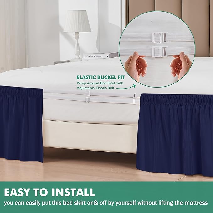 Biscaynebay Wrap Around Bed Skirts with Split Corners for Queen Beds 17" Drop, Navy Elastic Dust Ruffles Easy Fit Wrinkle & Fade Resistant Silky Luxurious Fabric Solid Machine Washable