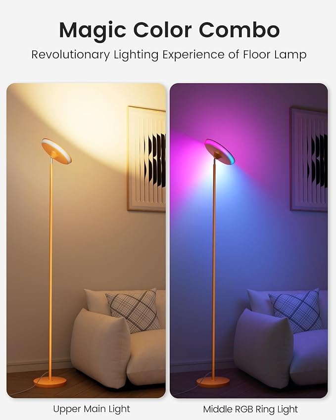 WOWLUMEN UFO Floor Lamp 71in, Upgraded 42W 3700LM LED Torchiere Floor Lamps for Living Room, Modern Tall Bright Standing Light with Remote, Dimmable Sky Light,1/2/3H Timer for Bedroom,Office(Orange)