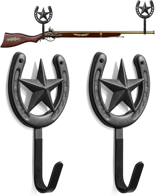 Adowes Gun Rack for Wall Western Shotgun Rifle Rack Wall Mount Metal Wall Gun Hanger Holder Display for Sword Bow Firearm Texas Star and Horseshoe