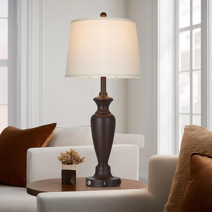 30" Tall Brown Table Lamps Set of 2 for Living Room, Touch Control Bedside Lamps for Bedroom Nightstand, 3-Way Dimmable Farmhouse Lamps with Charging Ports (2 LED Bulbs Included)
